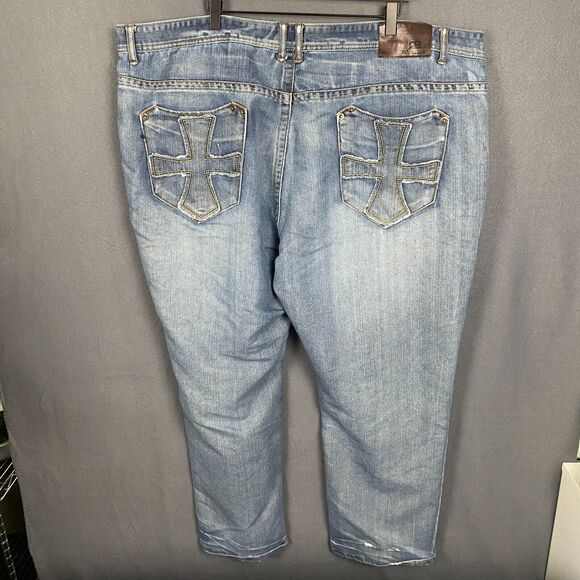 Royal Blue Jeans Mens 48X28 Relaxed Fit Blue Denim Light Wash Distressed - Picture 5 of 13